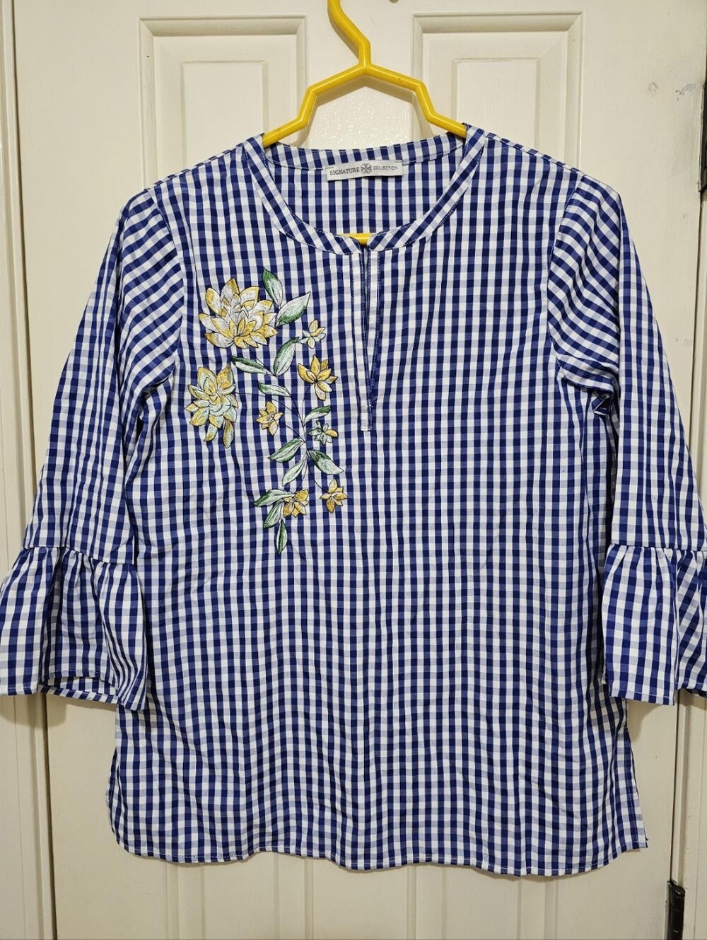 Blue Gingham Floral Embroidered Top